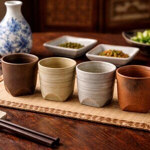 4x MINO Japanese Diamond Rock Pottery Earth Tone Ceramic 3" Mug Set